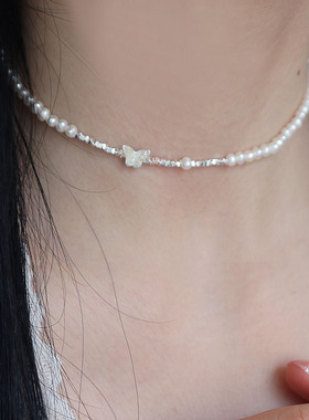 天然珍珠项链纯银蝴蝶碎银子颈链