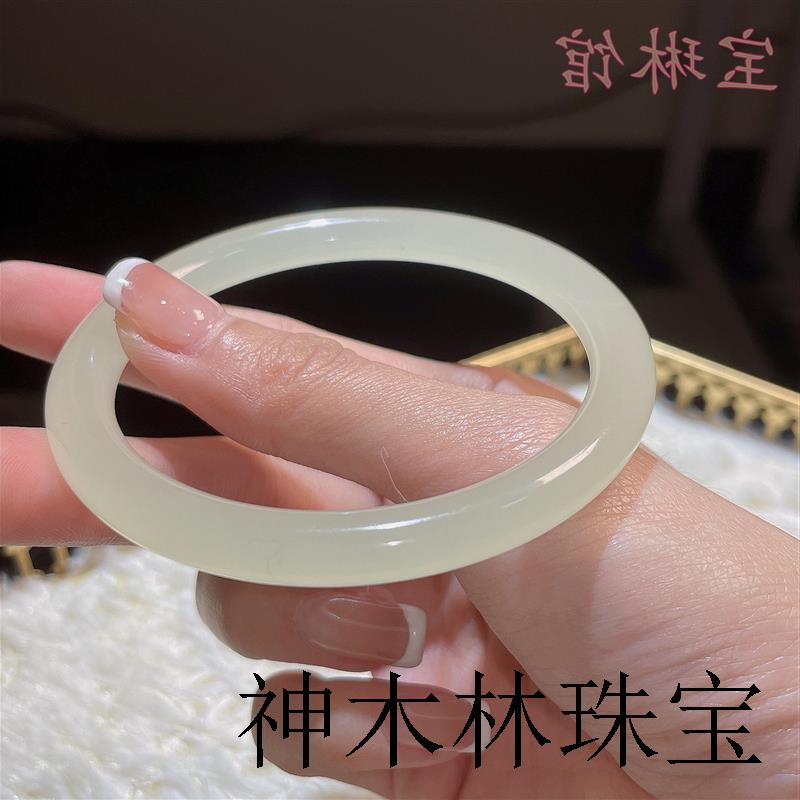 新疆和田玉青白玉手镯女款天然晴水叮当镯青海料玉镯子送女友证书
