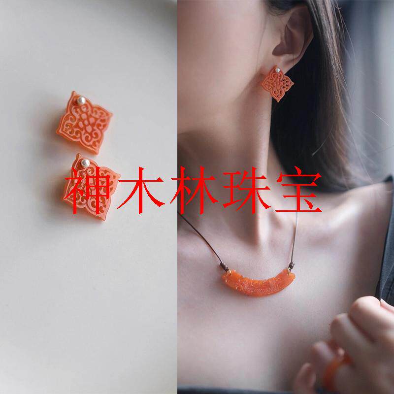 翡翠色镂空雕刻珍珠耳钉国风红色耳坠危料新中式如意雕花锁骨项链