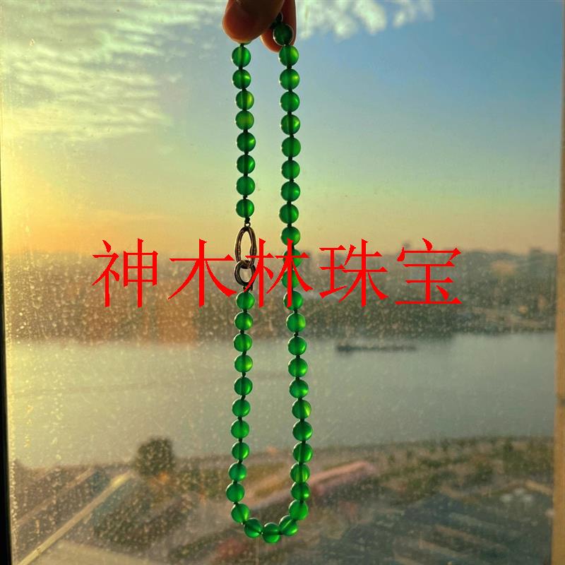 玛瑙毛衣链缅甸翡翠色阳绿色冰种原创设计女款绿玉髓大圆珠锁骨链