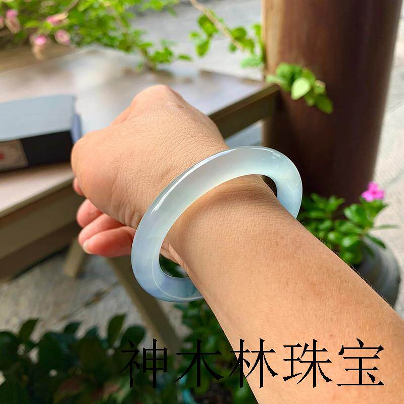 缅甸翡翠手镯女天然冰种蓝晴水飘花圆条贵妃处理玉镯子正品旗舰店