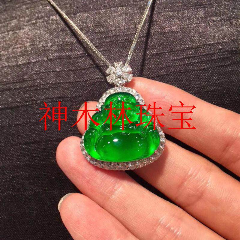 玉如意翡翠色笑佛观音帝王绿新中式玉佛吊坠大佛公挂件金镶嵌项链