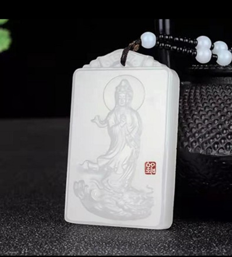 高品质阿富汗玉石观音玉坠羊脂玉白玉男款护身符踏龙观音菩萨挂件