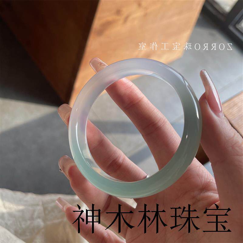 冰种油青半山水玛瑙色玉髓手镯渐变透翡翠珠宝玉镯闺蜜女友礼物