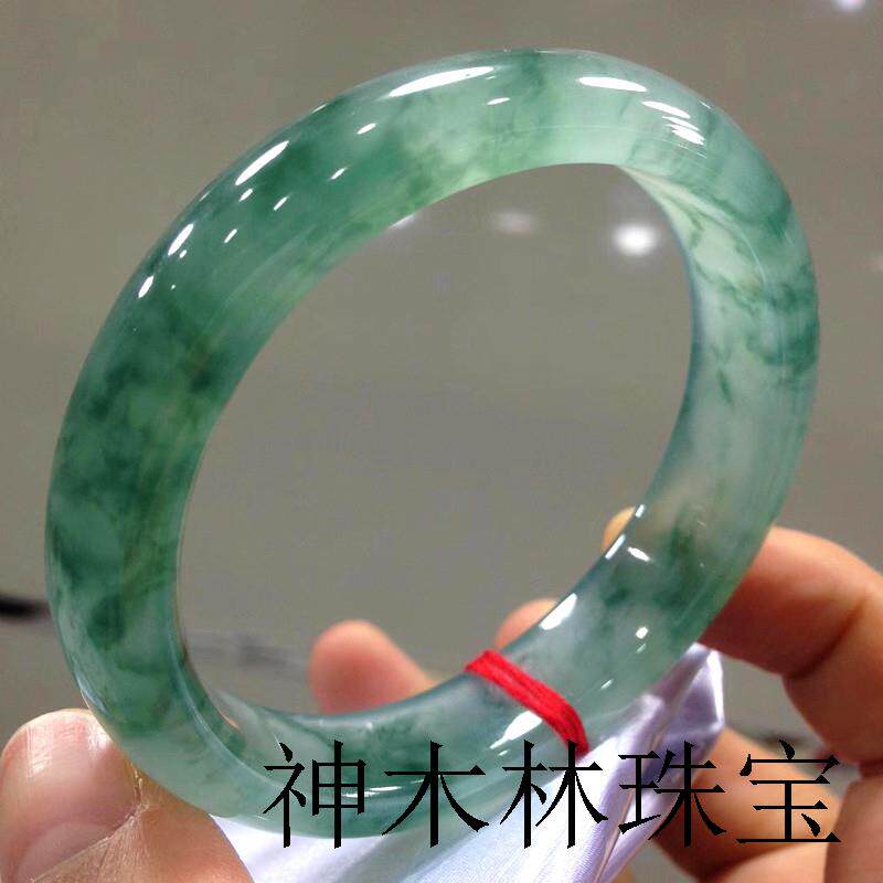 老坑缅甸冰种飘花翡翠手镯飘绿花正圈玉镯女冰糯种玉手镯子送女生