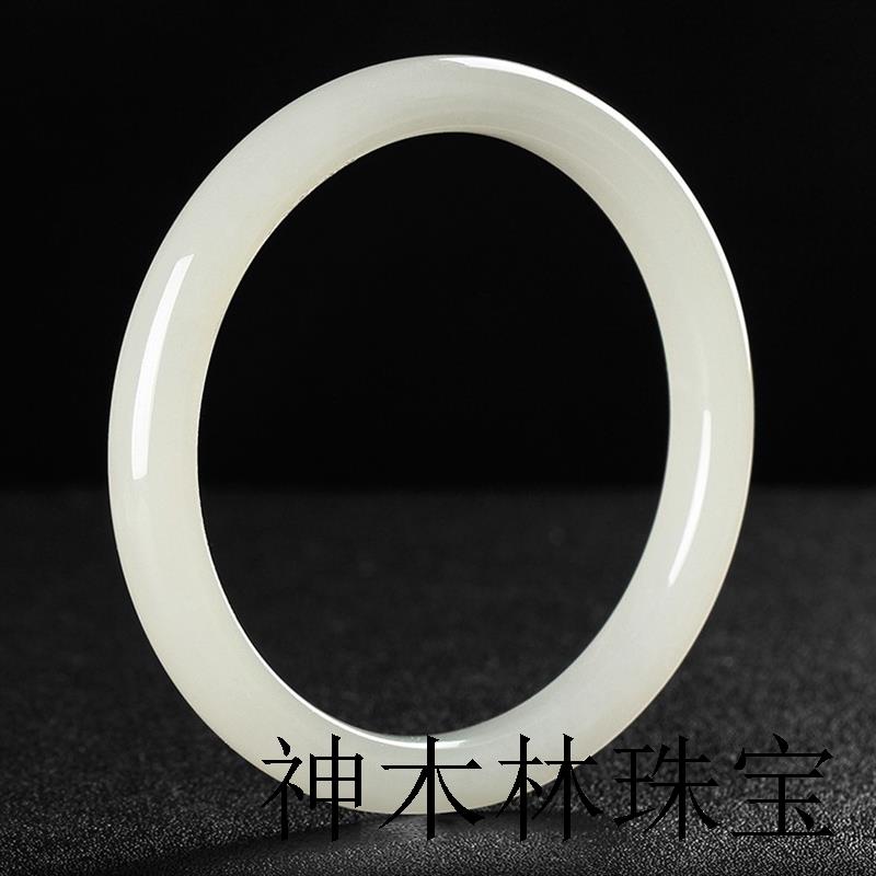 新疆和田玉手镯白玉细条手镯羊脂玉白玉玉镯女款圆条镯子带证书