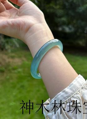 天然高冰种库里蓝玛瑙手镯转运冰透玉镯玉石玉髓翡翠女招财玉镯子