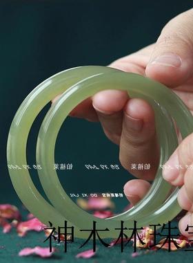 天然新疆和田玉深晴水手镯女款细圆条美人镯显白湖水绿青海料镯子