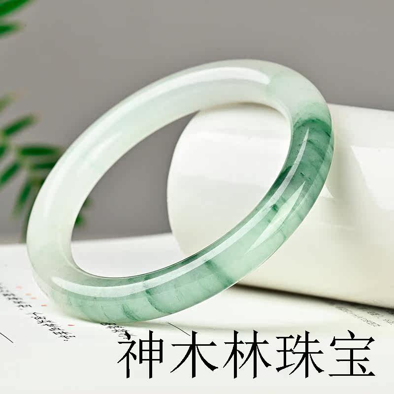 雪翠新疆天山翠冰种金丝玉圆条手镯子旺夫百搭款非翡翠色气质扁条