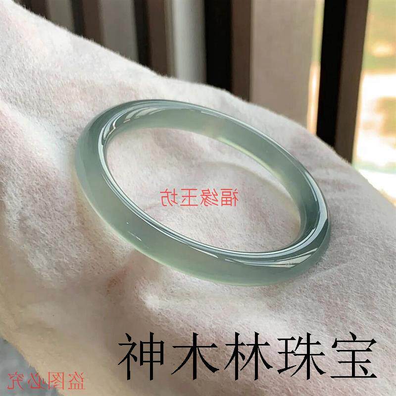 高端冰种玛瑙手镯圆条玉髓美人镯女款天空蓝晴水翡翠色油青玉镯子