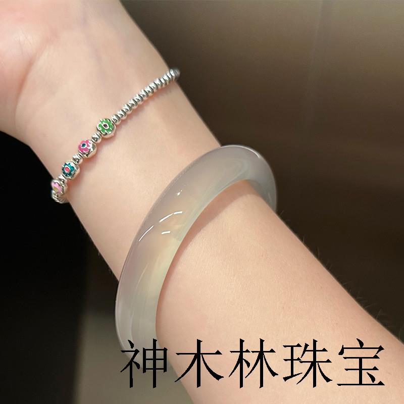 纯天然马料高冰种高透荔枝冻玛瑙手镯女款手饰宽圆条玉髓镯子证书