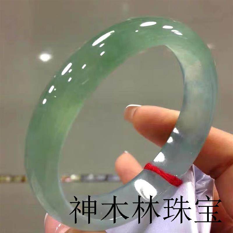 缅甸高档翡翠手镯正圈老坑宽条女款冰种处理飘绿花油青玉镯子证书
