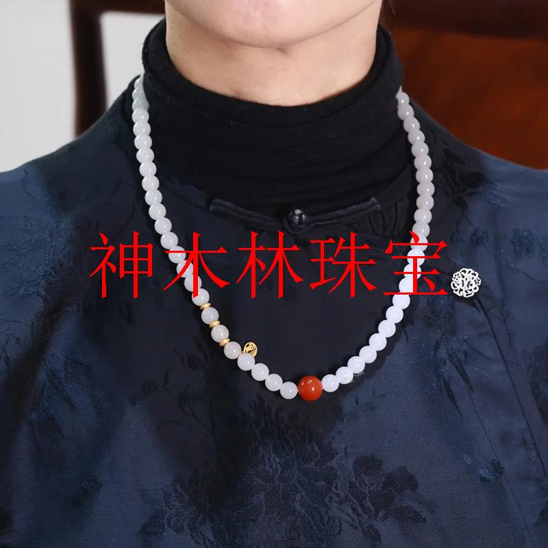 精挑新疆羊脂白玉圆珠项链和田玉新中式国风设计毛衣配链南红圆珠
