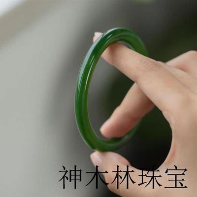 新疆和田玉碧玉手镯女款细条叮当镯菠菜绿青海俄料翡翠真玉石镯子