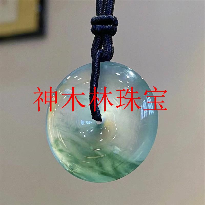 缅甸半山半水翡翠色怀古平安扣吊坠冰种飘绿花玉扣高冰种翠绿项链