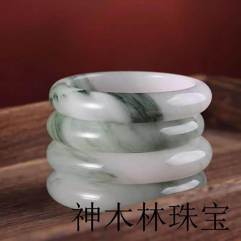 新疆天山翠手镯冰种女款纯天然金丝翡翠雪翠扁条飘花玉石镯子证书