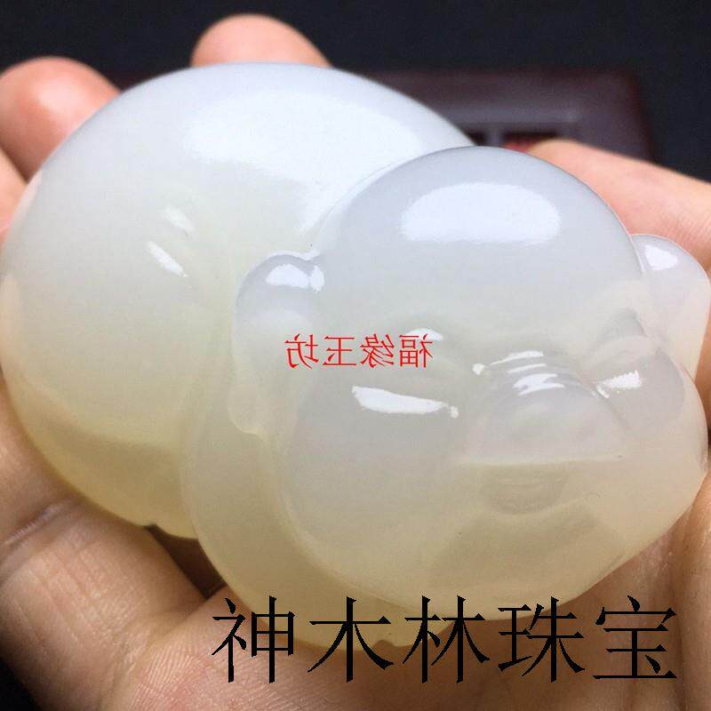 新疆和田玉白玉生肖猪手把件挂件青海且末料金猪发财猪玉玉佩项坠