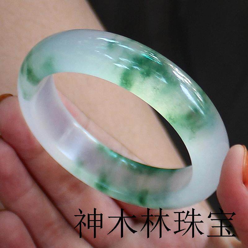 缅甸翡翠色冰种飘花水沫玉手镯女款少女妈妈旺夫真玉镯子百搭款镯