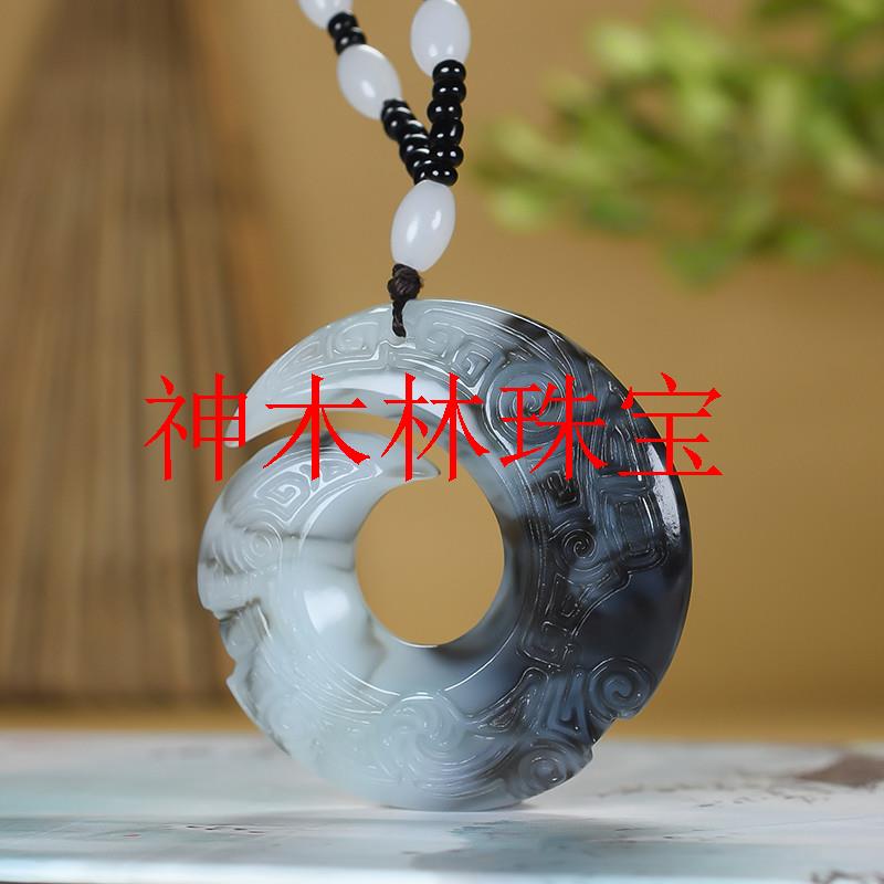 新疆时来运转和田玉扭转乾坤吊坠男款青花玉牌乌鸡平安扣龙纹玉佩