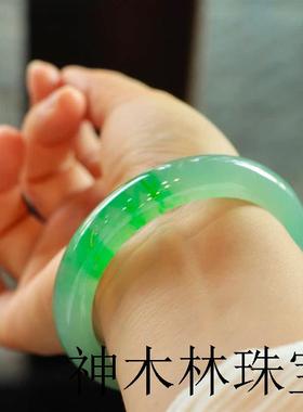 缅甸翡翠手镯女冰种阳绿扁条老坑绿飘花糯冰春彩玉石镯子精品手饰