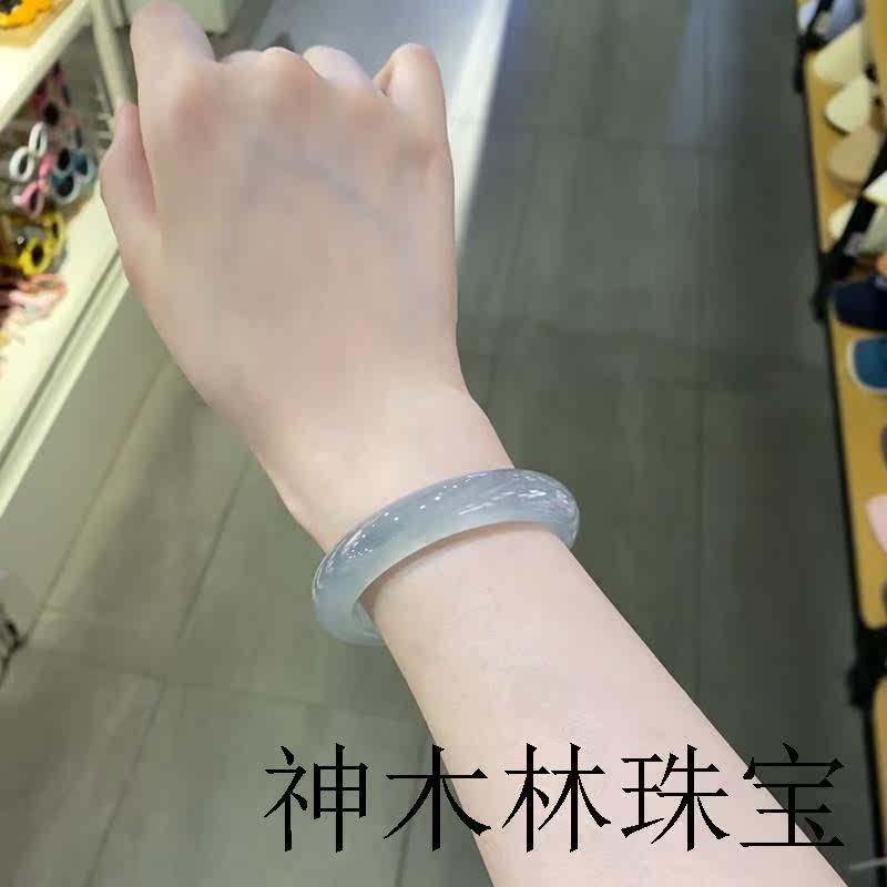 冰种飘花翡翠色手镯女款扁条高冰蓝水天青色镯子玉石精品手饰手镯