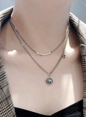 s925泰银大象圆牌项链女嘻哈笑脸