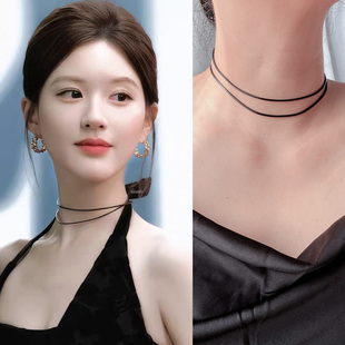 S925纯银许我耀眼许妍赵露思同款 项链女黑色双层choker项圈颈链潮