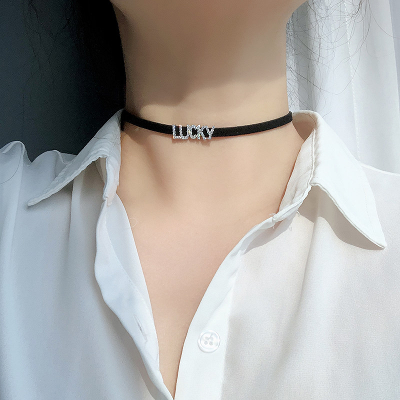 925纯银镶钻LUCKY项链choker韩版锁骨链女项圈短款字母颈带颈链潮