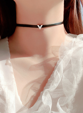 925纯银V形镶钻项链女韩版锁骨颈链黑色choker脖子饰品短款颈带