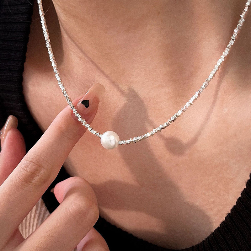 s925纯银碎银几两项链女小众设计碎银子珍珠锁骨链女款2026新款潮