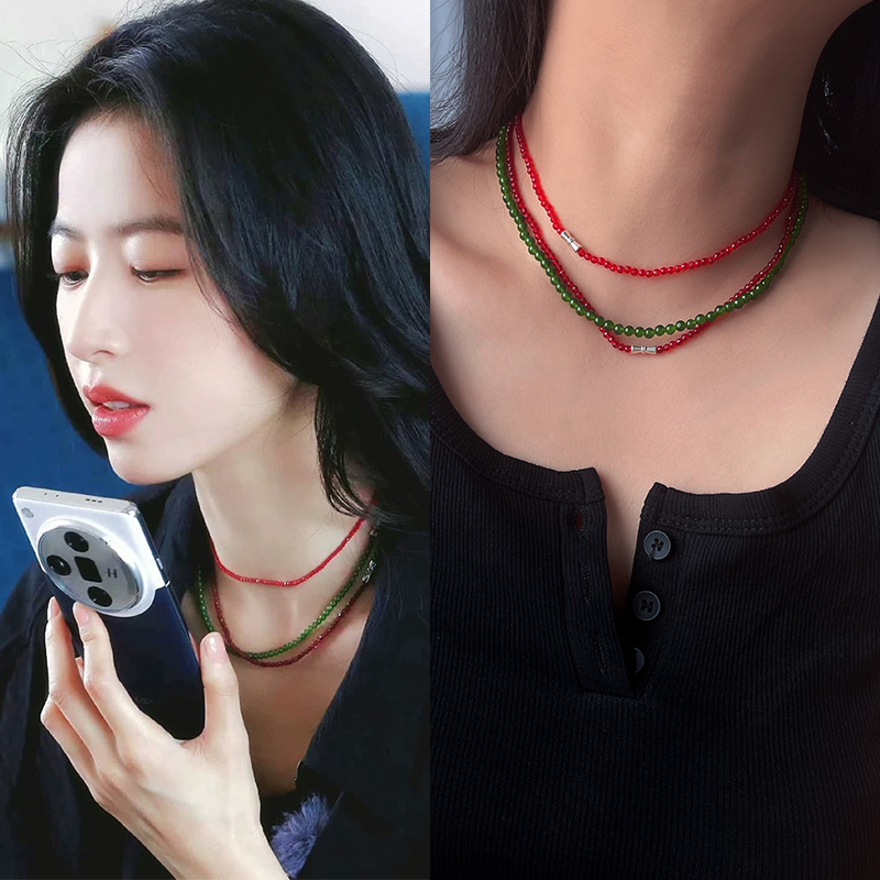 精品周雨彤同款三色串珠玛瑙项链