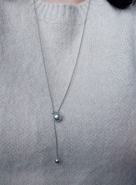 三色珍珠S925纯银长款抽拉可调节蛇骨链毛衣项链女简约毛衣链轻奢