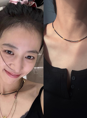 周雨彤同款天然黑尖晶金珠项链银