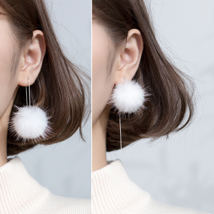 s925纯银耳环秋冬季韩版毛球耳坠女耳线气质长款耳饰简约耳钉新潮