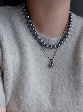 倪妮纯银大溪地黑珍珠项链毛衣链