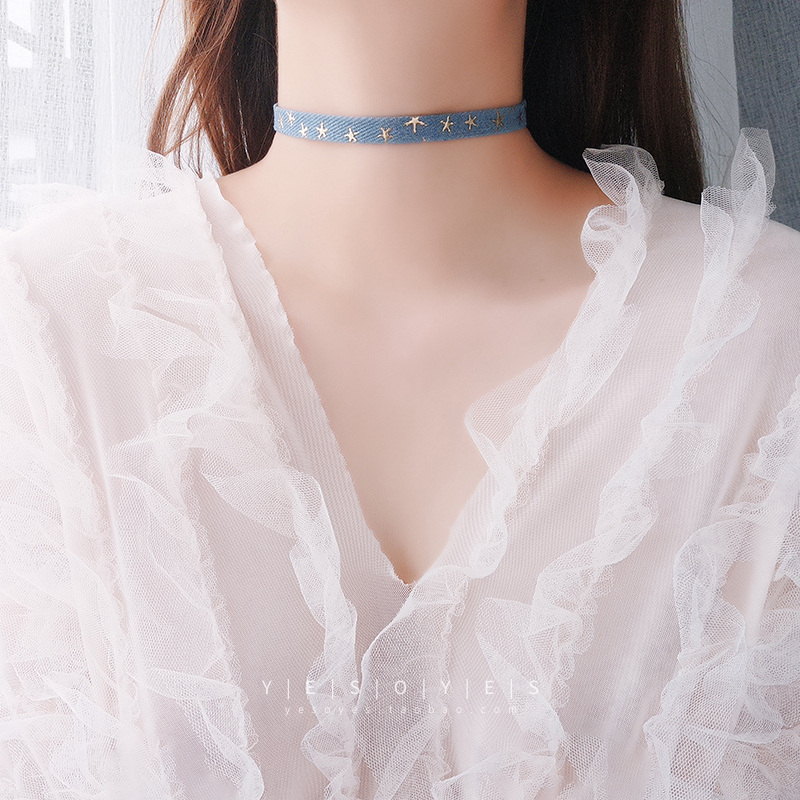 choker纯银蓝色牛仔布韩国颈链潮
