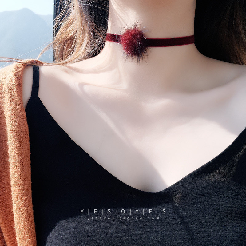 S925纯银丝绒毛球项链女款秋冬毛绒choker项圈新款小众锁骨链颈链