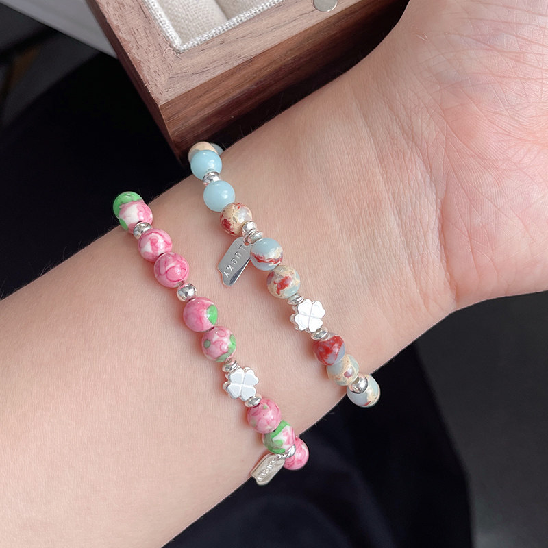 925纯银花纹石寿山石四叶草手链女夏弹力手串ins小众设计感手环潮