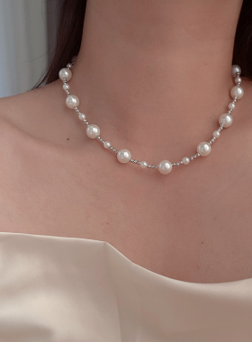 设计师款纯银混搭澳白色珍珠项链