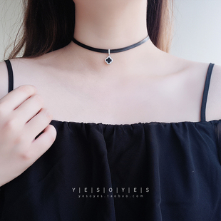 S925纯银choker项圈项链脖子饰品日韩国四叶草锁骨链女黑色颈带链
