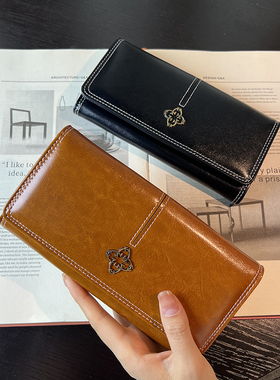 钱包女长款2025新款油蜡皮复古简约大容量多卡位折叠手拿包零钱夹