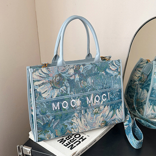 高级感手提托特包女2025新款小众刺绣帆布百搭上班通勤单肩斜挎包