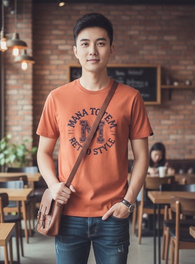 美式复古潮牌透气字母印花短袖T恤男橙色纯棉圆领正肩上衣半袖