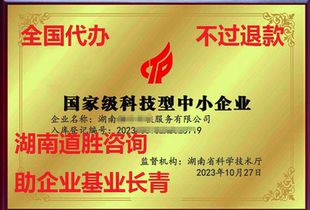 国家级科技型中小企业申报认定全国代办科小证书牌匾定制湖南省高