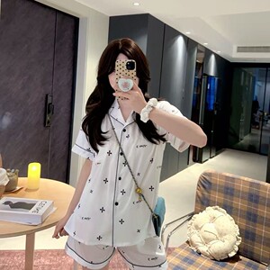 【四叶花】2026夏季新款简约印花轻奢睡衣高级感家居服三件套女