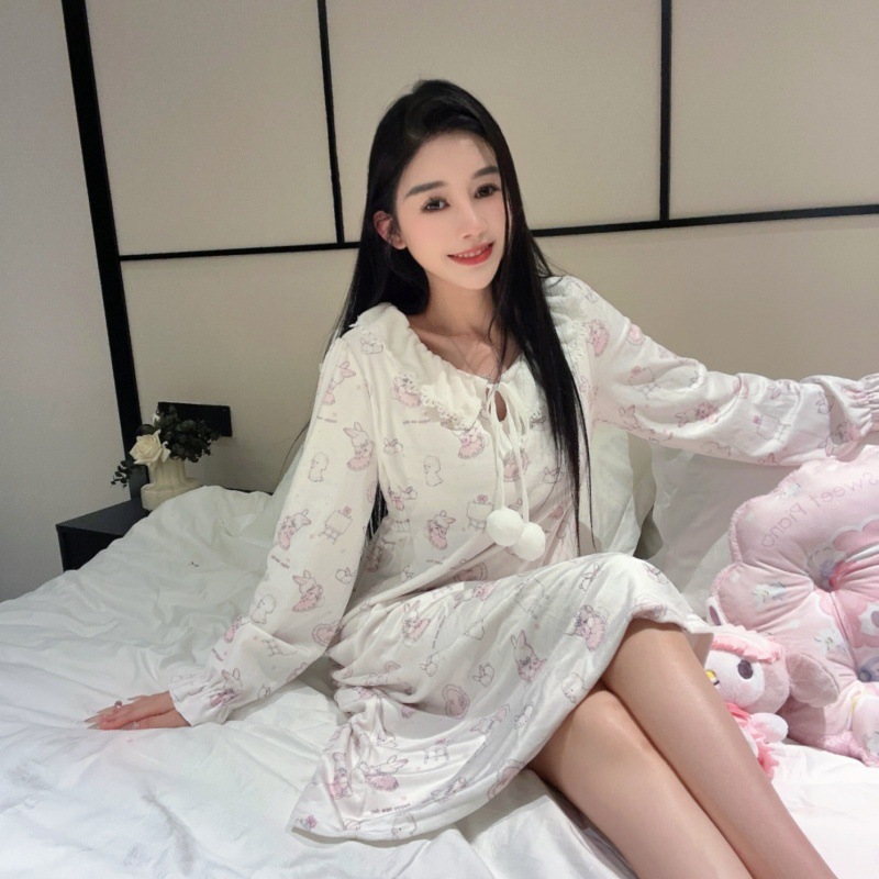 【软绵兔宝】海岛绒可爱睡衣女2025秋冬季保暖家居服毛球球睡裙