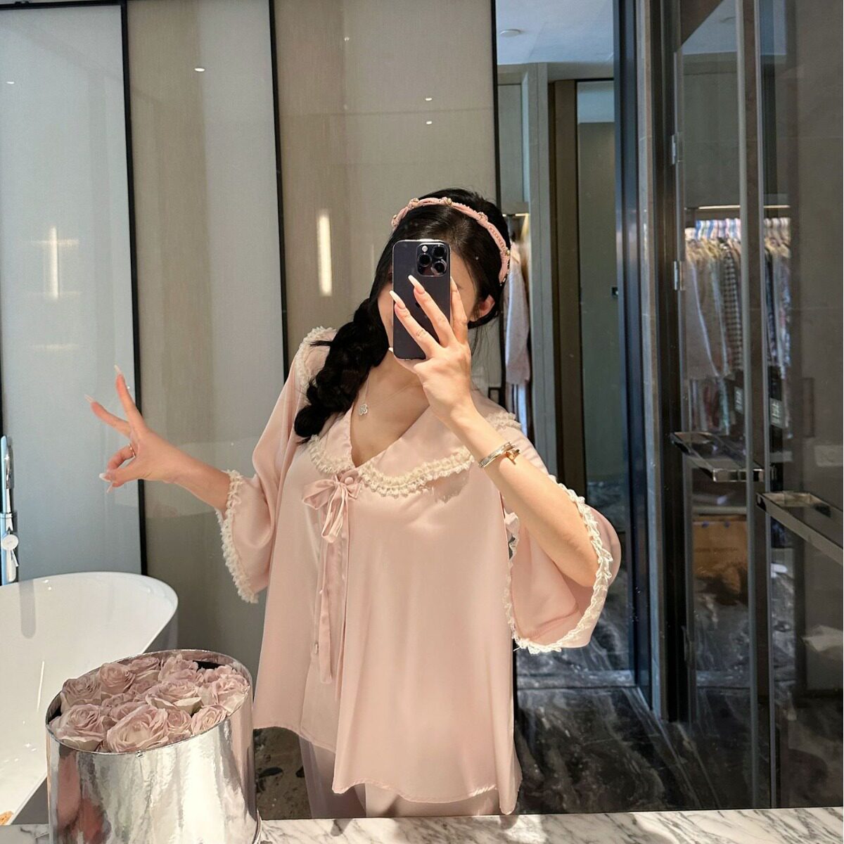 【软妹甜瑶】春夏季新款冰丝甜美大翻领宽松睡衣长袖长裤家居服女