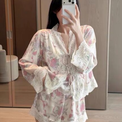 【玫瑰故事】2026夏季玫瑰印花睡衣少女蕾丝花边系绳纯欲风家居服