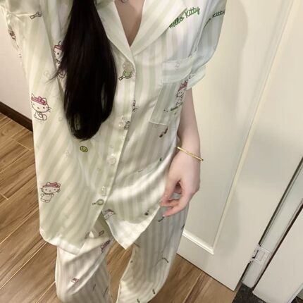 【青柠凯蒂】2026春夏新款卡通印花绿白条纹简约休闲家居服睡衣女