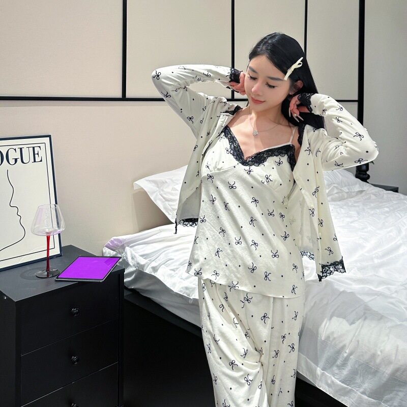 【甜妹情结】睡衣春秋季纯欲蕾丝花边蝴蝶结吊带长袖长裤三件套女